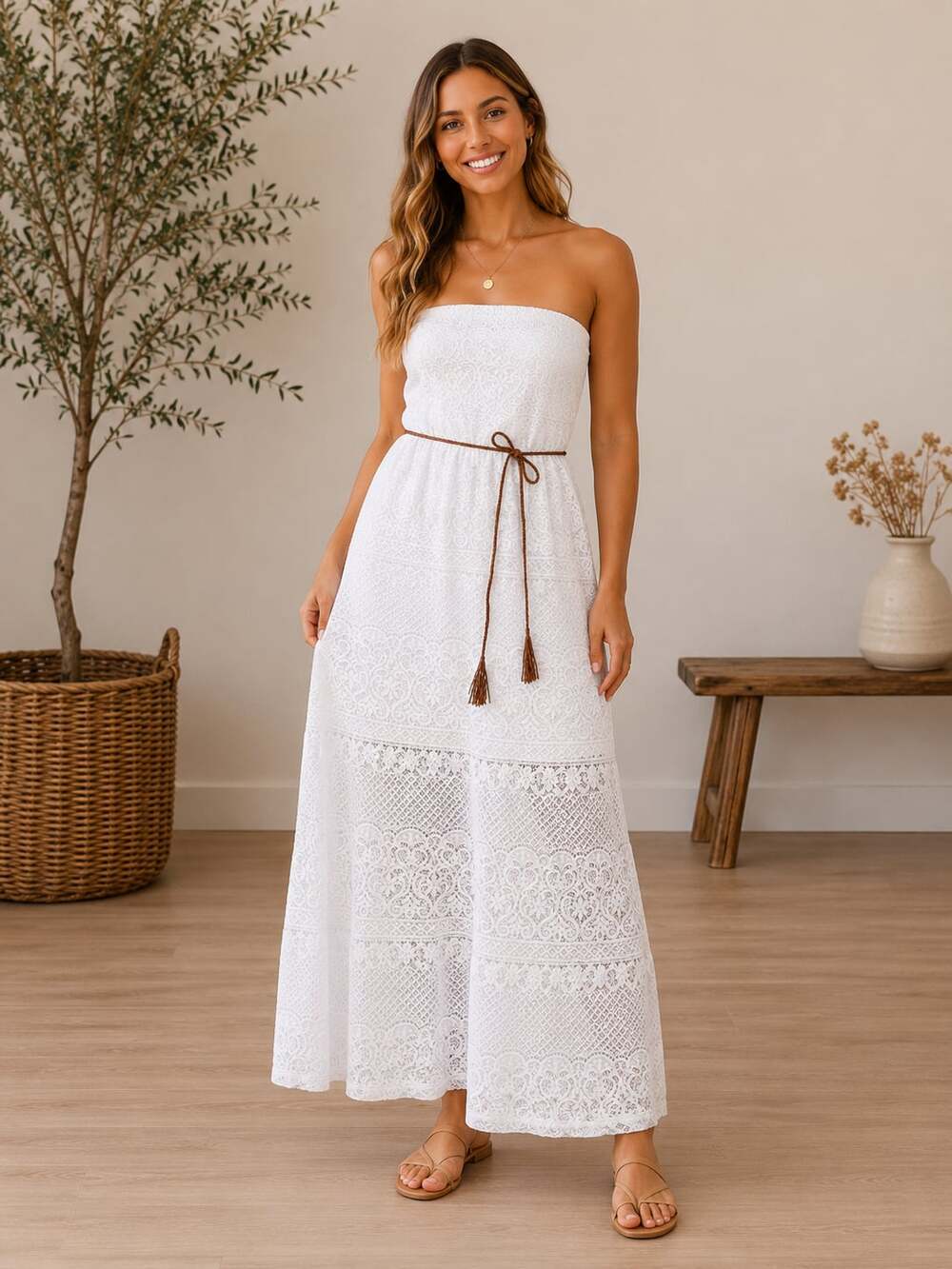 Stella Tweed White Lace Strapless Maxi Dress Boho Beach Cottagecore Size L